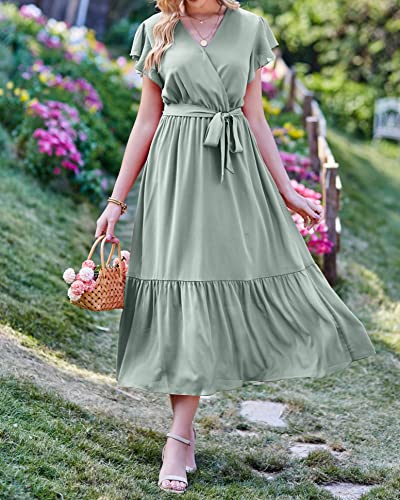 Image of BTFBM Women Summer Bohemian Floral Casual Wrap V Neck Ruffle Cap Sleeveless Belt A-Line Pleated Hem Midi Sun Dress White