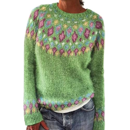 Womens Knitted Fair Isle Print Retro Sweater Long...