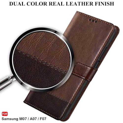 Image of TheGiftKart Flip Back Cover Case for Samsung Galaxy M07 / F07 | Dual-Color Leather Finish | Inbuilt Stand & Pockets | Wallet Style Flip Cover Case for Samsung M07 / F07 (Faux Leather, Brown & Coffee)