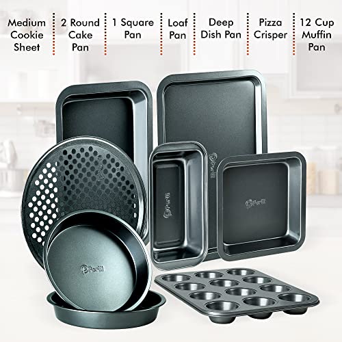 Baking Pan 8 Piece Set Nonstick Carbon Steel Gray Oven Safe Bakeware Kitchen Set, Cookie Sheet, 2 Round Cake Pans, Square Pan, Loaf Pan, Deep Dish Pan, Pizza Crisper, & 12 Cup Muffin Pan By Perlli #TOP1
