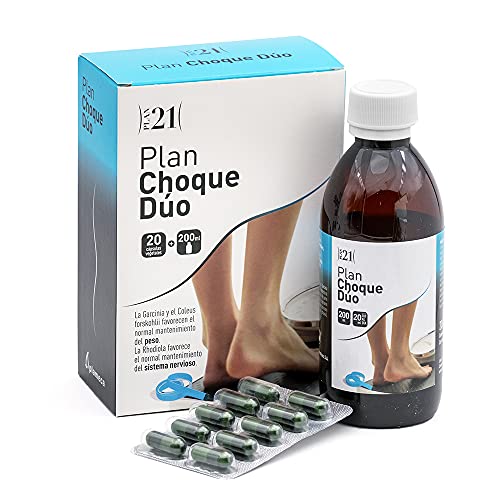 Plameca - Plan 21 Choque Dúo, Para El Control De Peso Y El Sistema Nervioso, Con Garcinia, Coleus Forskohlii Y Rhodiola, Para Inicio De Entrenamiento O Estancamiento - 20 Cápsulas Vegetales + 200 Ml