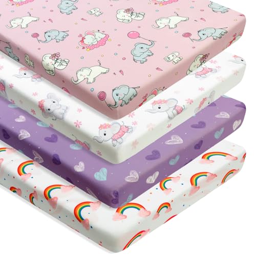 Image of 4 Pack Baby Girl Pack N Play Mini Crib Sheets Set Soft Fitted Elephant Theme Baby Girl Mattress Covers Breathable Toddler Bed Sheets for Infant or Newborn(Elephant, Pack N Play Mini Crib Sheets)
