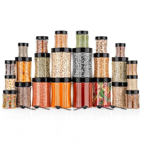 Image of Black Olive Storage Organizer Container Set - Transparent Jar Set for Kitchen with Lids & Spoons, 1200ml, 650ml, 350ml & 250ml Dabba Box for Spices, Snacks, Grocery & Dry Fruits (Black, 24pc)