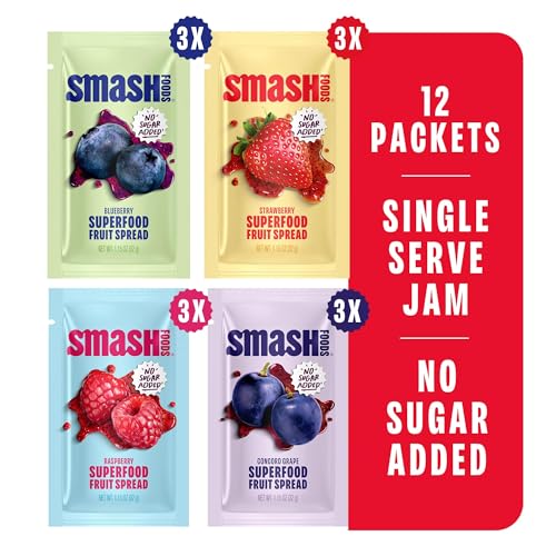 Image of Smash Foods Single Serve Jam Packets | Variety 12-Pack | Natural, Keto & No Sugar Added | Vegan & Upcycled Fruit Spread | Low-Calorie, Superfood Snack