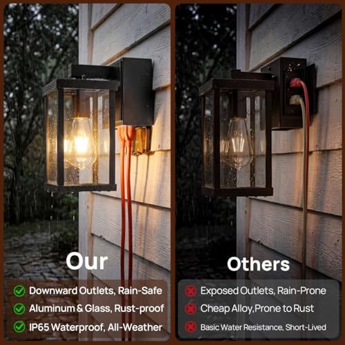 Image of Porch Lights with GFCI Outlets Dusk to Dawn Outdoor Wall Lights Waterproof Exterior Lighting Fixtures Modern Outside Lights Wall Mount for House Patio Garage,Black,11.8''H,1PC