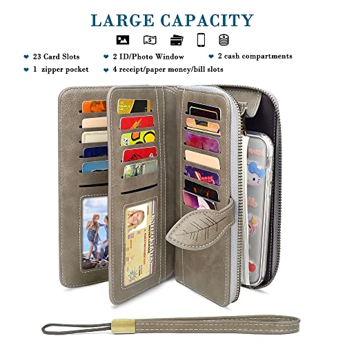 CONISY Womens Wallets Large Capacity, Multi Card Slots Clutch Long Wallet for Women with RFID Blocking (Grey)
