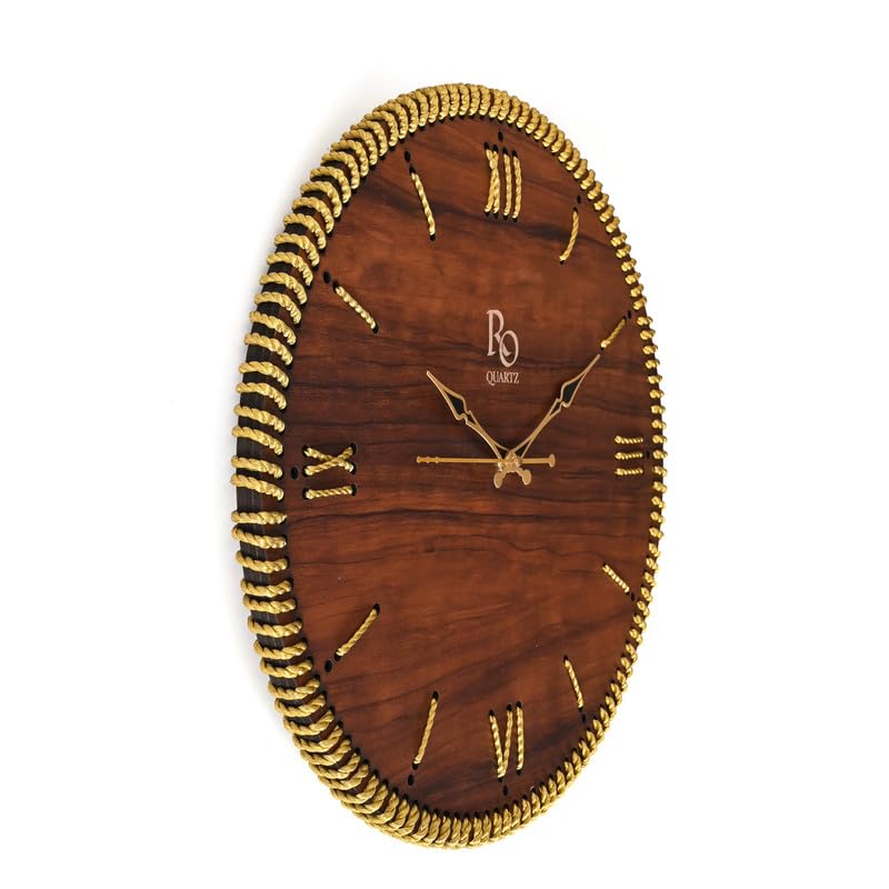 Image of Wooden Round Shape Roman Dial Analog Clock with Golden Hand and Golden Zari Rope Detailing | Stylish Silent Quartz Movement Anti Reflection Wall Clock for Home & Office (Brown, 15.5 inch)