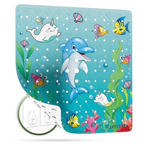 SilverRack Kinder Duschmatte rutschfest 53x53 cm (Delfin Motiv) - Antirutschmatte Dusche BPA frei für Kinder - Badematte rutschfest, maschinenwaschbar u. schimmelresistent - Bedruckte Duscheinlage