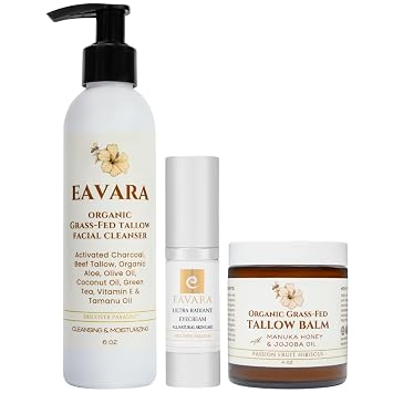 Tallow & Honey Balm, Tallow Cleanser, Eye Cream Set Organic Skincare Trio with Grass-Fed Tallow, Activated Charcoal, Aloe Vera, Vitamin E Gently Cleanses & Deeply Moisturizes