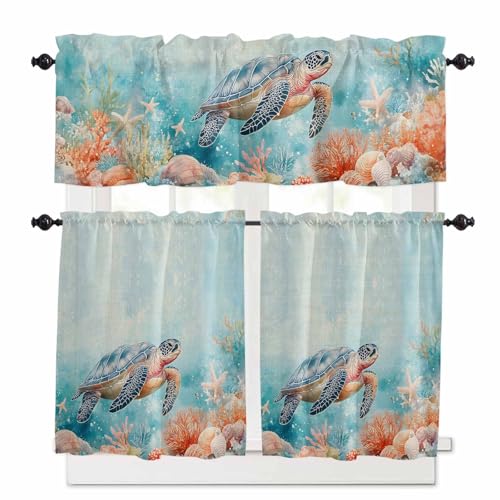 Ocean Turtle Kitchen Curtains 36 Inch Length, 3 Piece Rod Pocket Small Half Tiers and Valance Set, Coastal Blue Coral Starfish Shell Small Large Window Treatment Decor for Bedroom/Bathroom Sink