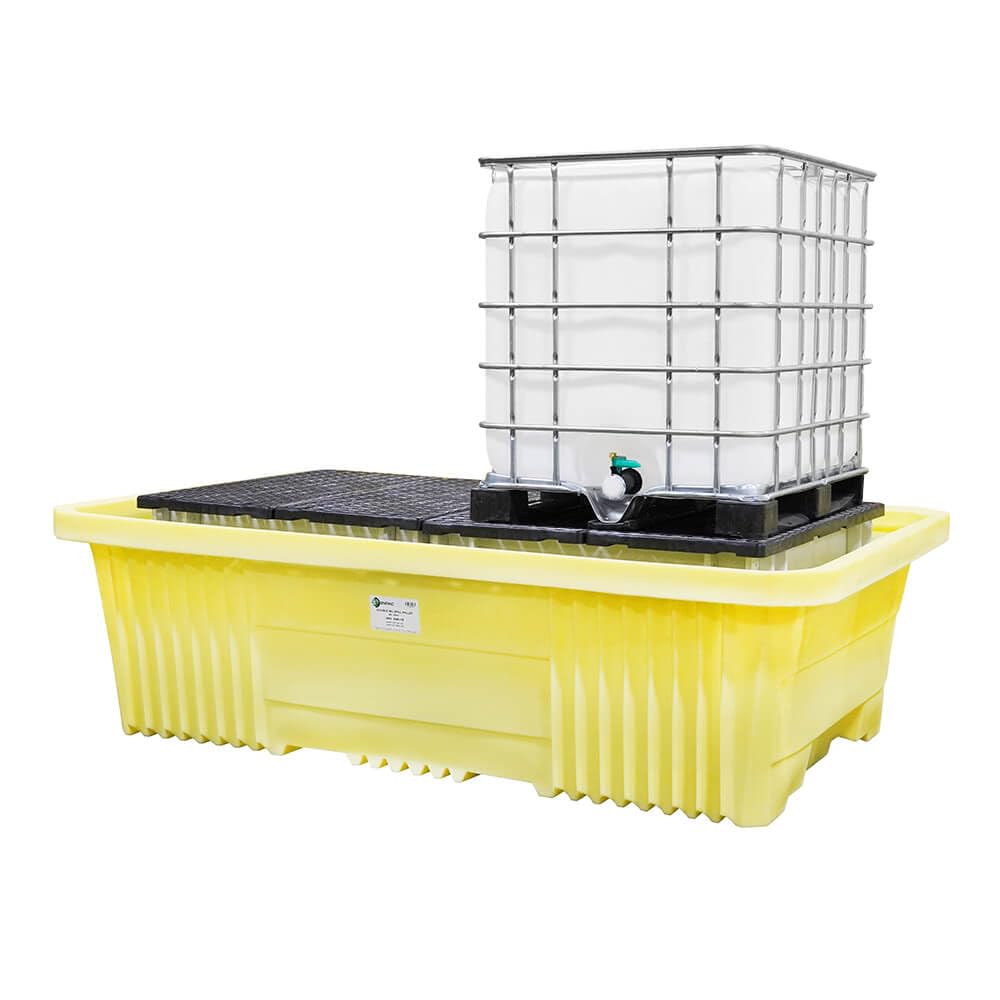 Enpac Double IBC Tote Spill Pallet XL, Drain, Yellow, UV Resistant, Polyethylene, Forkliftable, Removable Platform