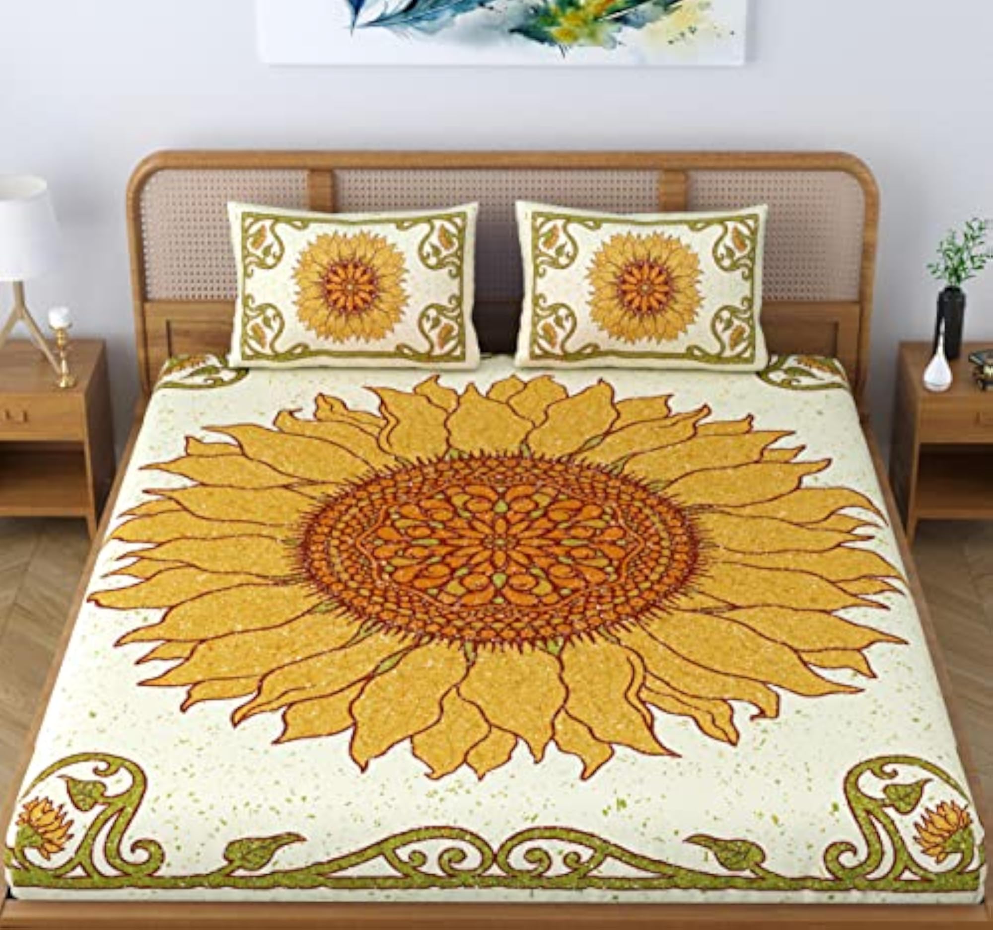 Sunflower Mandala 100% Cotton Double Bedsheet, King Size