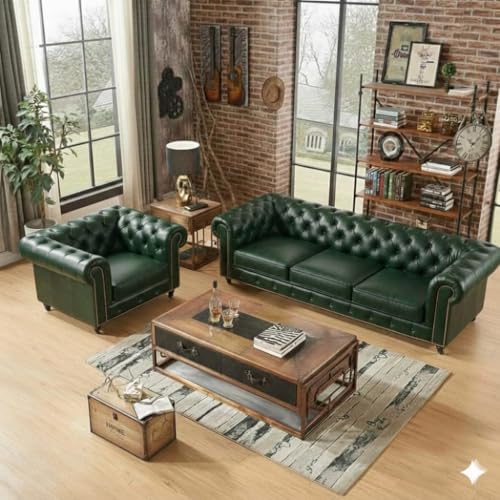 Image of Classic Leatherette Chester Sofa Set Button Tufted, Classic Style Sofa Set 3-Person Sofa for Living Room, Office, and Hallway Colour (Bottle Green, 3+1 = 4 Seater Sofa)