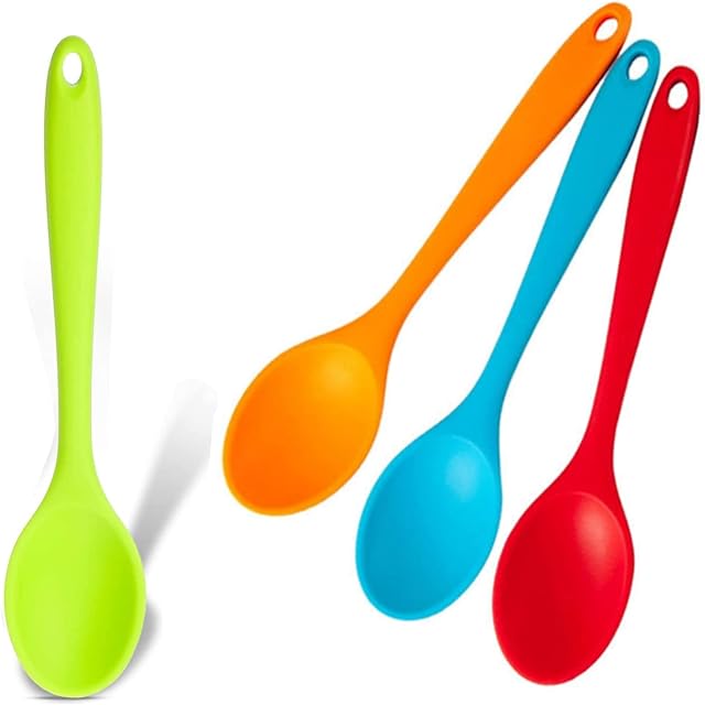4 Pieces Small Multicolored Silicone Spoon Silicone Basting Spoon Non-Stick Serving Spoon for Mixing Baking Serving and Stirring(Red, Green, Yellow, Blue)