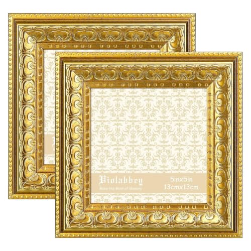 Image of VIOLABBEY 5x5 Picture Frame Gold Set of 2, Vintage Photo Frame | Small Antique Ornate Frame, Square Frame for Wall or Tabletop Display,Classic Design for Home Office Decor