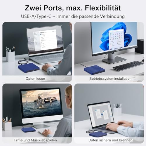 QDSYLQ Externes DVD CD Laufwerk USB: DVD Brenner Extern CD Laufwerk für Laptop PC, Externe Optische Laufwerke +/-RW ROM, Externer CD/DVD Brenner und Player für Windows 11/10/8/7/XP/Vista Linux MacOS