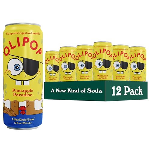 OLIPOP Prebiotic Soda Pop, SpongeBob Pineapple Paradise, Pantry Pack Packed with Prebiotics, Fiber, and Botanicals, Gluten Free, Vegan, GMO Free, 12oz Skinny Can (12-Cans)