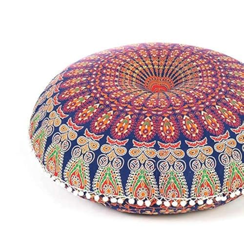 Eyes of India - Grande Housse de Coussin de Sol de 81,3 cm à Motif Mandala Bleu et Orange - Coussin de méditation Rond coloré - Décoration bohème - Lit...