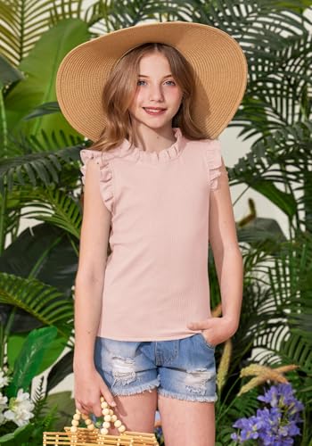 BesserBay Girls Summer Flutter Sleeve Shirts Knit Ruffle Collar Slim Fit Casual Vertical Texture Tank Tops 5-14 Years3