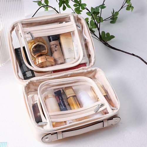 SANHECUN traveling toiletry Case large clear cosmetics case makeup bag Dimensions | LxWxH:10” x 4.5” x 7.5”(Beige, Medium)3