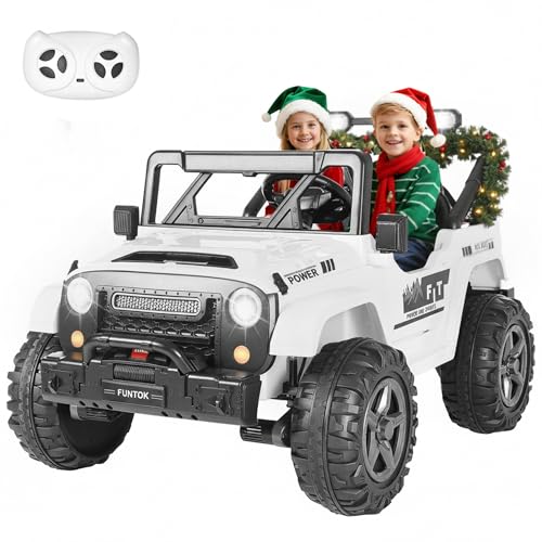 FUNTOK 24V 2 Seater Ride On Toys for Big Kids, XL 4WD Kid's Electric Vehicles w/Remote Control, 4x200W Motors, Max 5 MPH, 20'' Seat, Truck Bed Storage, Bluetooth, Drivable Cars for Kids Ages 3-8
