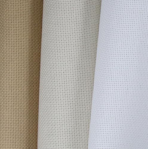 Image of KCS 3 pc of 15 inch x 18 inch(38cmx45cm) Counted Cross Stitch Cotton Aida Cloth Needlework Rolled Fabric Box,18CT,Khaki+Pearl Grey+White