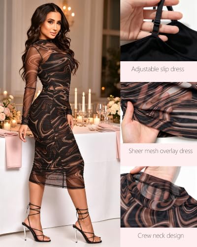 Image of MOEENCN Sexy Long Sleeve Midi Dress for Women Sheer Mesh Printed 2 Piece Skirt Set Crew Neck See Through Bodycon Party