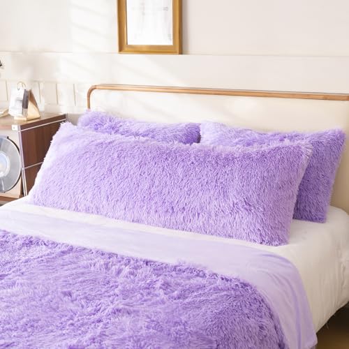 HAIHUA Plush Faux Fur Long Body Pillow Cover, Soft Fluffy Body Pillow Case with Zipper Closure, Shaggy Furry Decorative Pillowcase, Fuzzy Pillow for Bedroom and Living Room Couch (20"x54", Lavender)