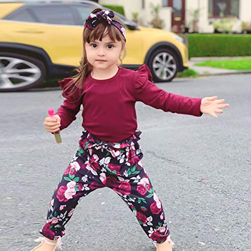 YALLET 3Pcs Toddler Girl Clothes Solid Color Long Sleeves Ruffle Top+Floral Pants+Headband 1-6 Years Fall/Winter Outfits Set3