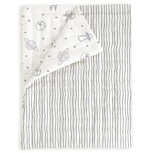 Image of MakeMake Organics Organic Full Comforter GOTS Certified Organic Kids Blanket Cotton Infill Tufted - Reversible Ultra Soft Breathable Boys Girls (90 inchx88 inch, Astro + Navy Stripes)
