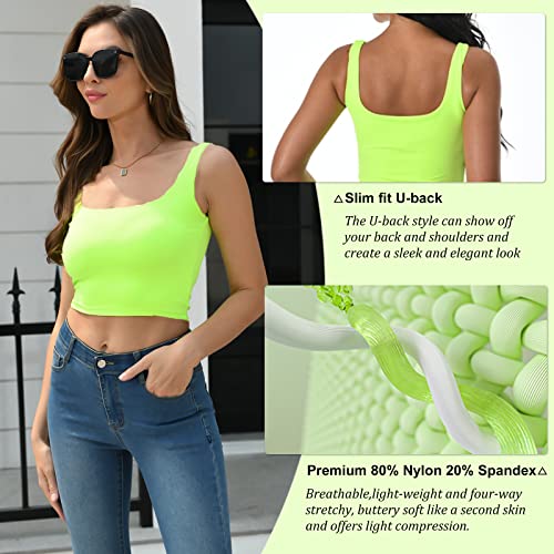 Artrello Square Neck Tank Tops For Women Double Lined Seamless Sleeveless Basic Cropped Tanks(Neon Green,X-Large) #TOP2