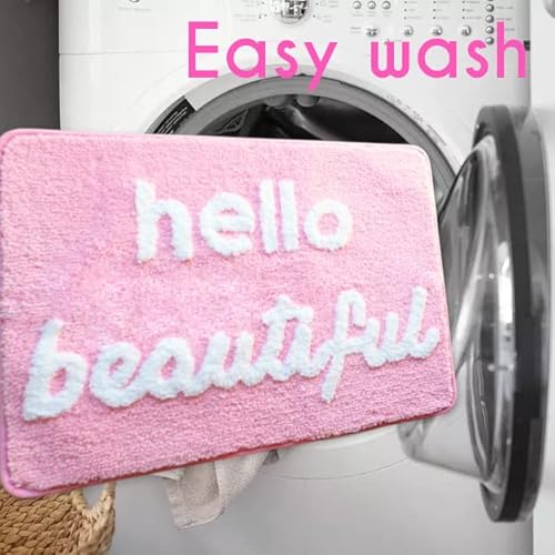 Evovee Hello Beautiful Bath Mat Light Pink Blush Peach Coral Cute Bathroom Rugs For Girls You Look Good Gorgeous Funny Shower Fun Bathroom Decor Non-Slip Washable Kids Women #TOP6