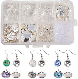 SUNNYCLUE 1 Box 120pcs Cabochon Pendant Stud Earrings Making Kit 60pcs Earring Bezel Settings with 60pcs 12mm Clear Glass Cabochons, Earring Hooks(Dangle Earrings & Stud Earrings, Silver)
