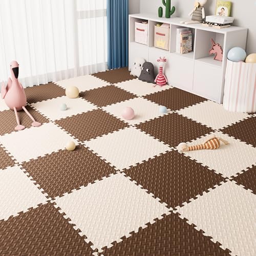 BK&MF 12" Interlocking Foam Floor Tiles, Thickened Baby Crawling Mat, Non-Slip Shock Absorbent Odorless Puzzle Play Mat for Kids Room Living Room,Beige+coffee,40PCS