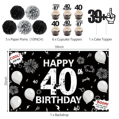 Image of Holkcog Black 40th Birthday Party Decoration for Women, Black Forty Birthday Cupcake Toppers, Banner, Number 40 Ballons, 40th Party Gifts, Glitter Cheers to 40 Years Old Happy Party Supply