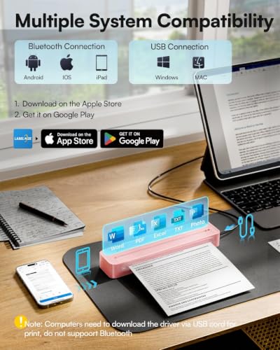 Image of D90E Inkless Portable Thermal Printer with Case 1pack, Pink | Wireless Bluetooth Small Compact Mobile Printer for Travel /Office /School /Home, Compatible with iPhone, Tablet & Laptop