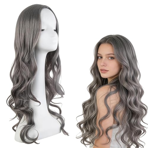 1PCS Long Grey Curly Wig Grey Wigs for Women Long Wigs for Women Simple Styling Curly Wig for Womens for Daily Fashion Womens Party Cosplay Use Synthetic Hair 28 Inch/70 Cm Silver Greys