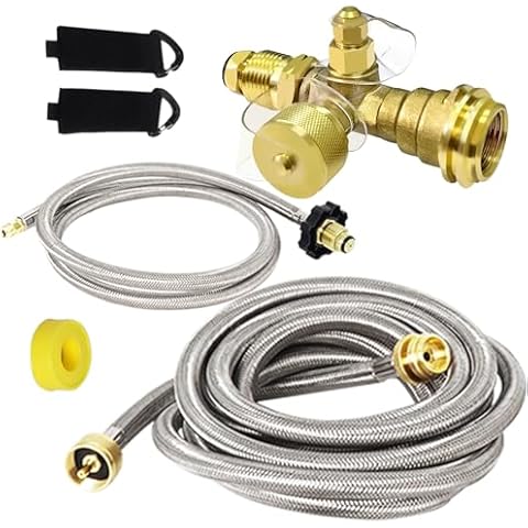 Extend a Stay RV Propane Kit, Propane Brass Tee Kit with 5FT and 12FT Stainless Braided Hoses, RV Propane Tank 4-Port Adapter Kit for Motorhomes, Connecting Auxiliary Propane Cylinders to Appliances Cover