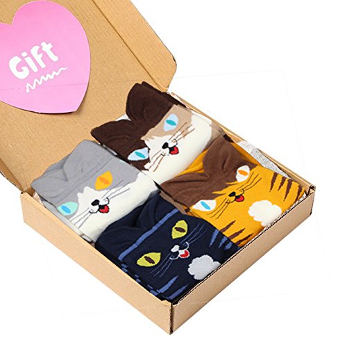 4 Pairs Soft Comfortable Novelty Cartoon Aminal Cat Crew Pattern Cotton Socks (4 pairs(4 colors Cat Socks))