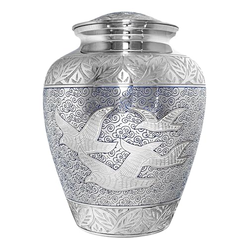Image of Trupoint Memorials Extra Large Urn for Ashes Adult Male or Female Up to 330 lbs - Cremation Urns for Human Ashes, Funeral Memorial Urns for Men & Women - Silver Birds