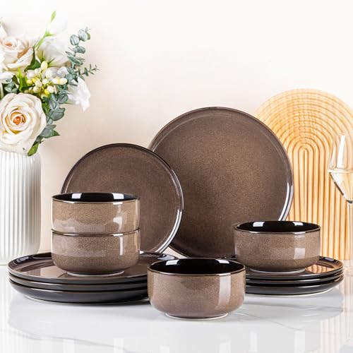 Image of LERATIO Ceramic Dinnerware Sets for 4,Porcelain Plates and Bowls Sets,Microwave & Dishwasher & Oven Safe,Scratch Resistant Dishes Sets-Service for 4 (12pcs)-Mordern-coffee
