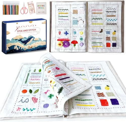 HAOYEGUOJI Stickerei Set Anfänger, Stickset Erwachsene, Leinenstickbuch mit einer Vielzahl von Mustern mit Stichanleitung, Nähwerkzeugen und Videos