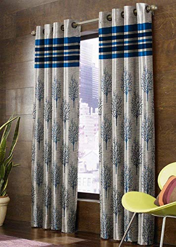 DIVERGE FURNISHINGS Jacquard Tree Eyelet Curtains Set of 2 Pieces - (Blue, Door 7 Feet)