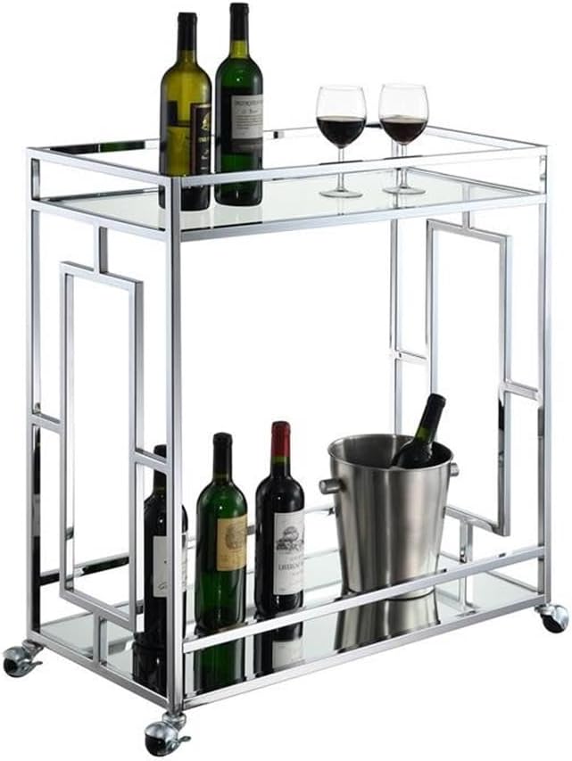 Pemberly Row Modern Bar Cart, Clear Glass and Mirrored Shelves, Chrome Metal Frame, Contemporary Glam Style, 14 x 29.25 x 32.75 in, Rolling Beverage Storage for Kitchen or Dining Room