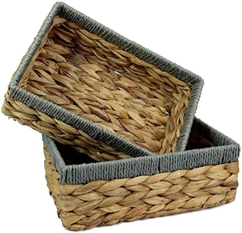 Rectangular Water Hyacinth Small baskets for storage Natural and Grey wicker basket shelves open Decorative gift box Small bathroom mini tray makeup bathroom Kitchen organiser (Large 32cm, 2x Baskets)