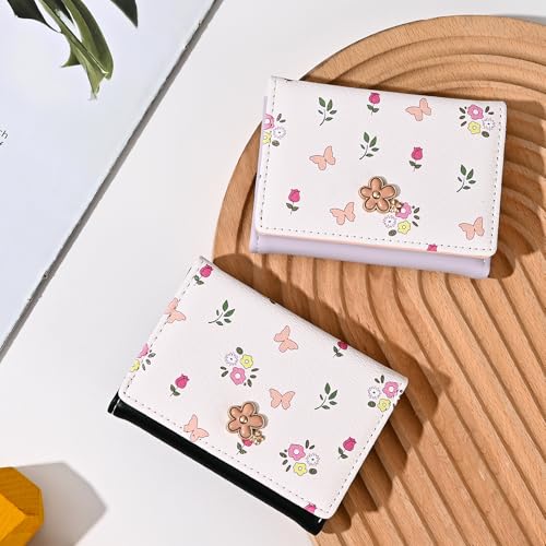 Small Wallets Woman, Cute Tri-fold Flower Wallet for Women, Floral Wallets Credit Card Coin Holder Purse with ID Window for Key Cash Change (Black) 5