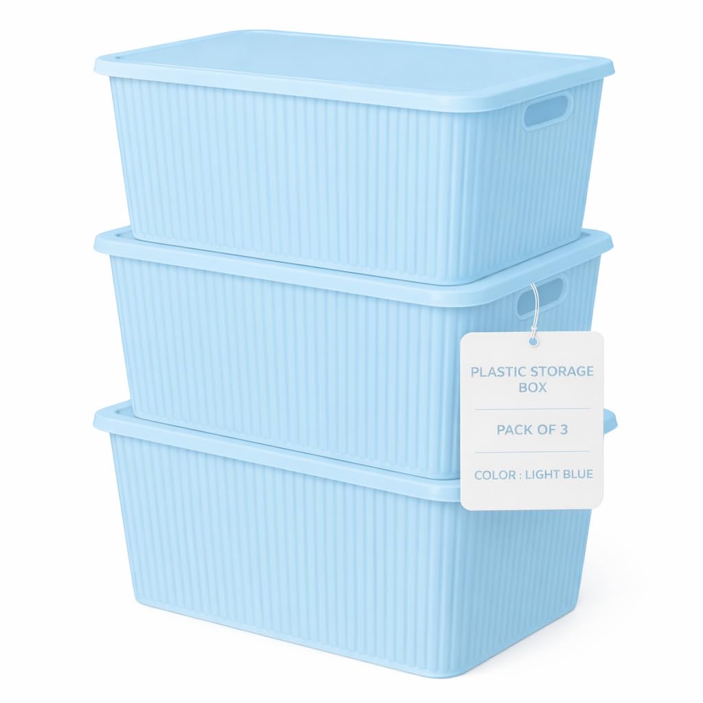 HOMENU Plastic Storage Box with Lid – Large Stackable Organizer Storage Box for Clothes, Toys, Kitchen – Big Size Plastic Storage Container Basket for Home, Office, Bathroom(Large,Pack of 3,Blue)