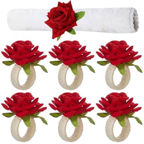 Petunny Floral Napkin Rings Set of 6 Rose Flower Napkin Rings Handmade Flower Napkin Holders Rings Table Decoration for Wedding Banquet Birthday Valentines Party