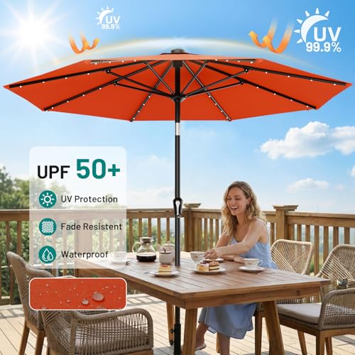 Image of AreShark 9FT Patio Umbrella with Solar Lights, 32 Lighted Pool Umbrella w /Tilt and Crank, Outdoor Market Solar Umbrellas for Garden, Deck, Backyard, Pool and Beach, Orange