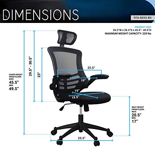 Techni Mobili Modern Ergonomic High-Back Office Chair, Executive Mesh Home Office Chair With Adjustable Headrest & Flip Up Arms, Black #TOP2